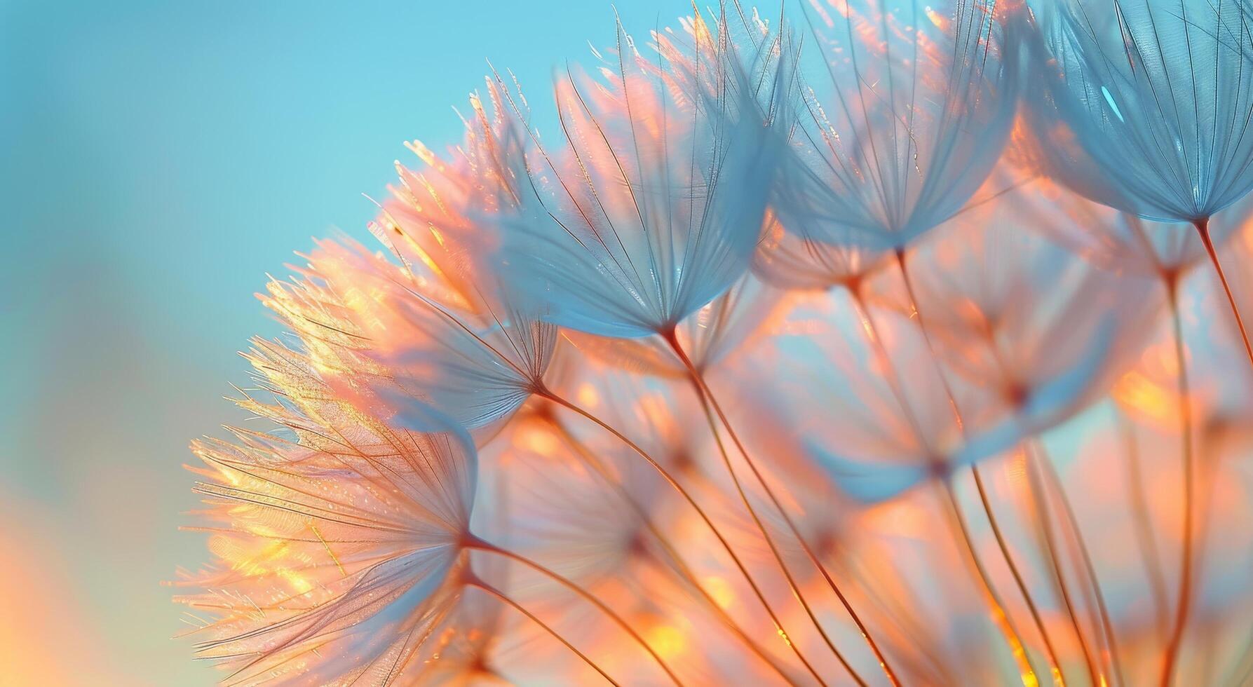 Delicate Dandelion Seeds Against a Vibrant Blue Sky at Sunset photo