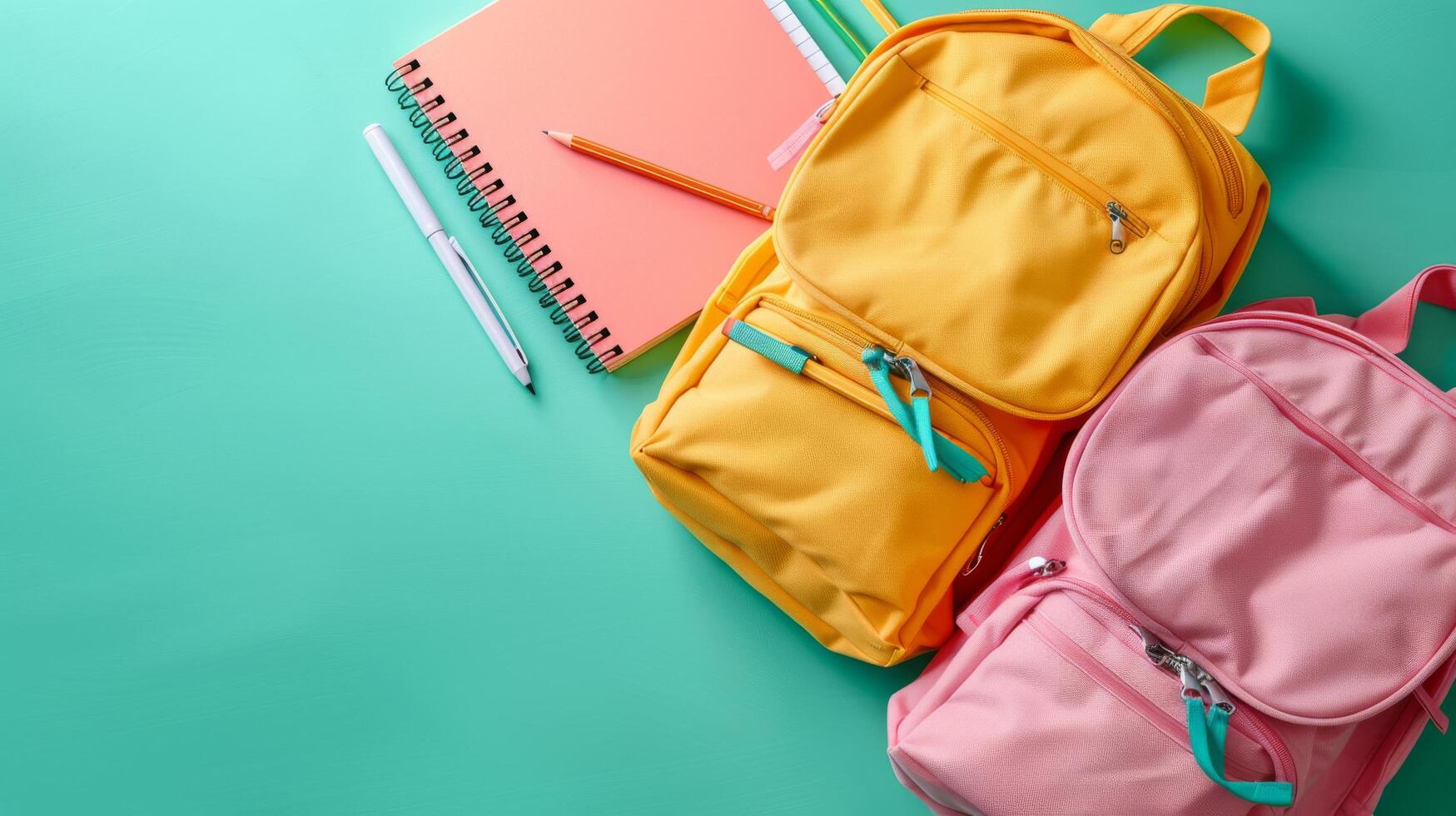 Three Backpacks and Notebook on Green Background photo