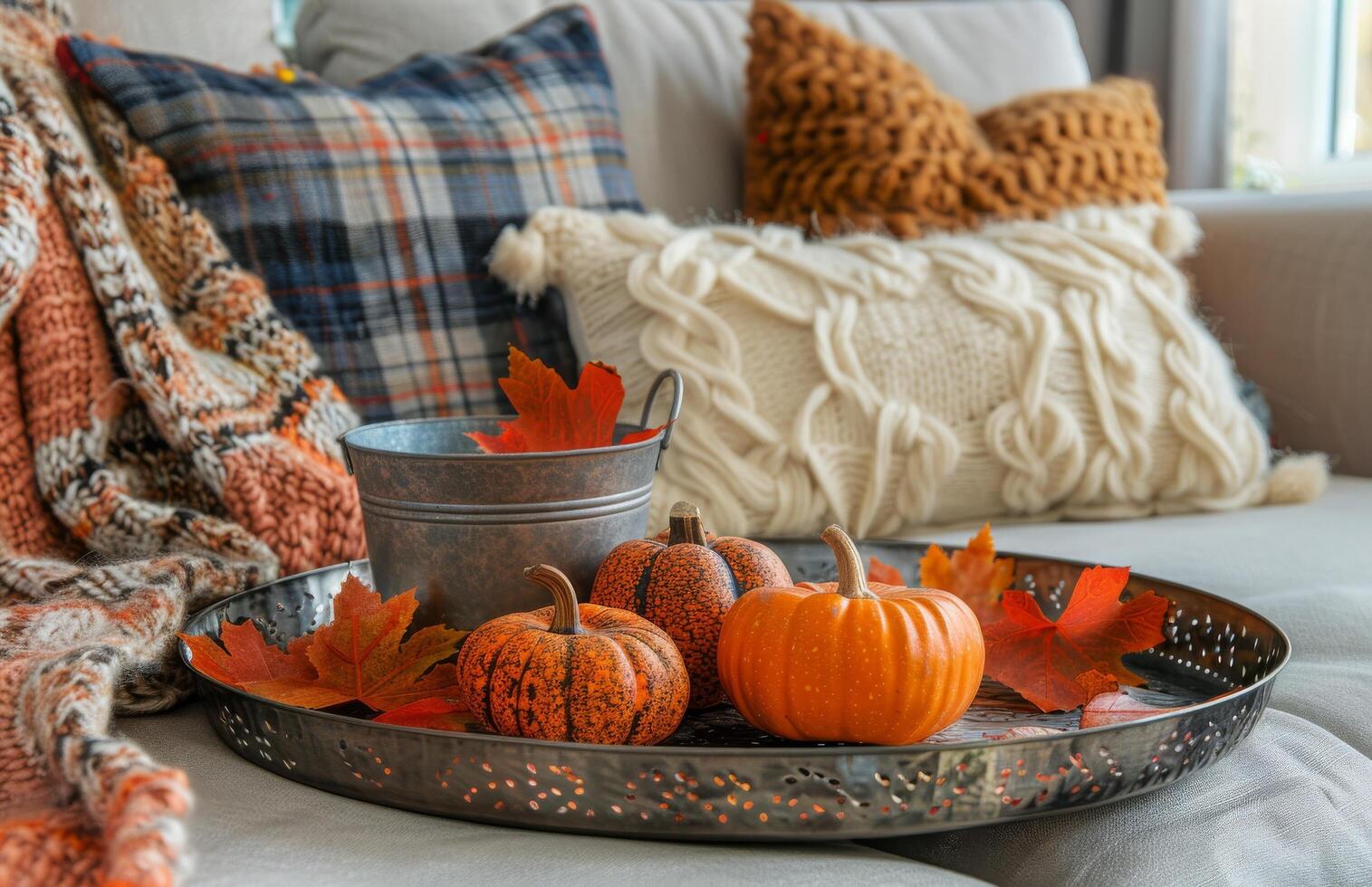 Small Pumpkins In A Metal Bowl On A Cozy Couch photo