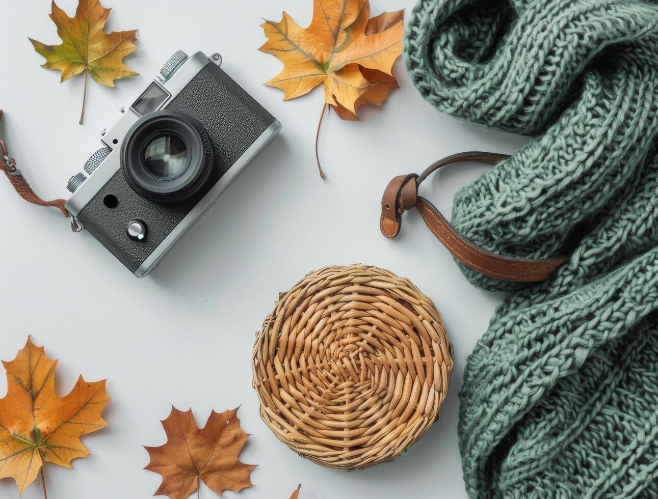 Autumnal Flat Lay With Camera, Knitted Scarf, and Wicker Baskets photo