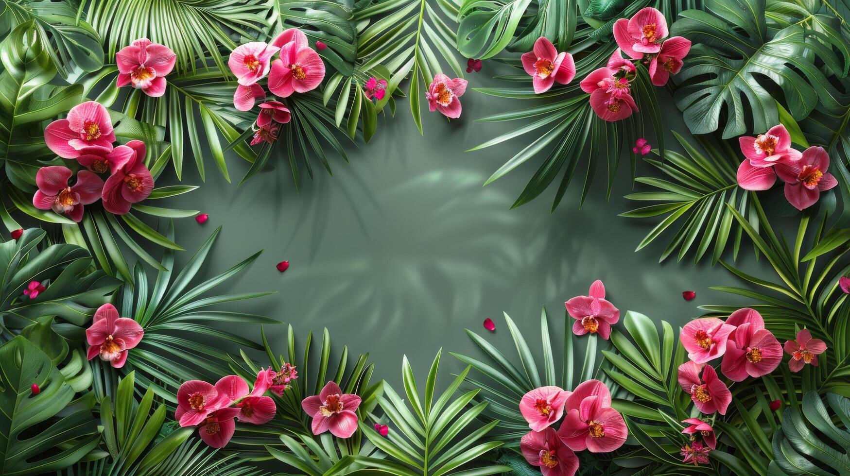 Pink Orchids and Palm Leaves on Pink Background photo