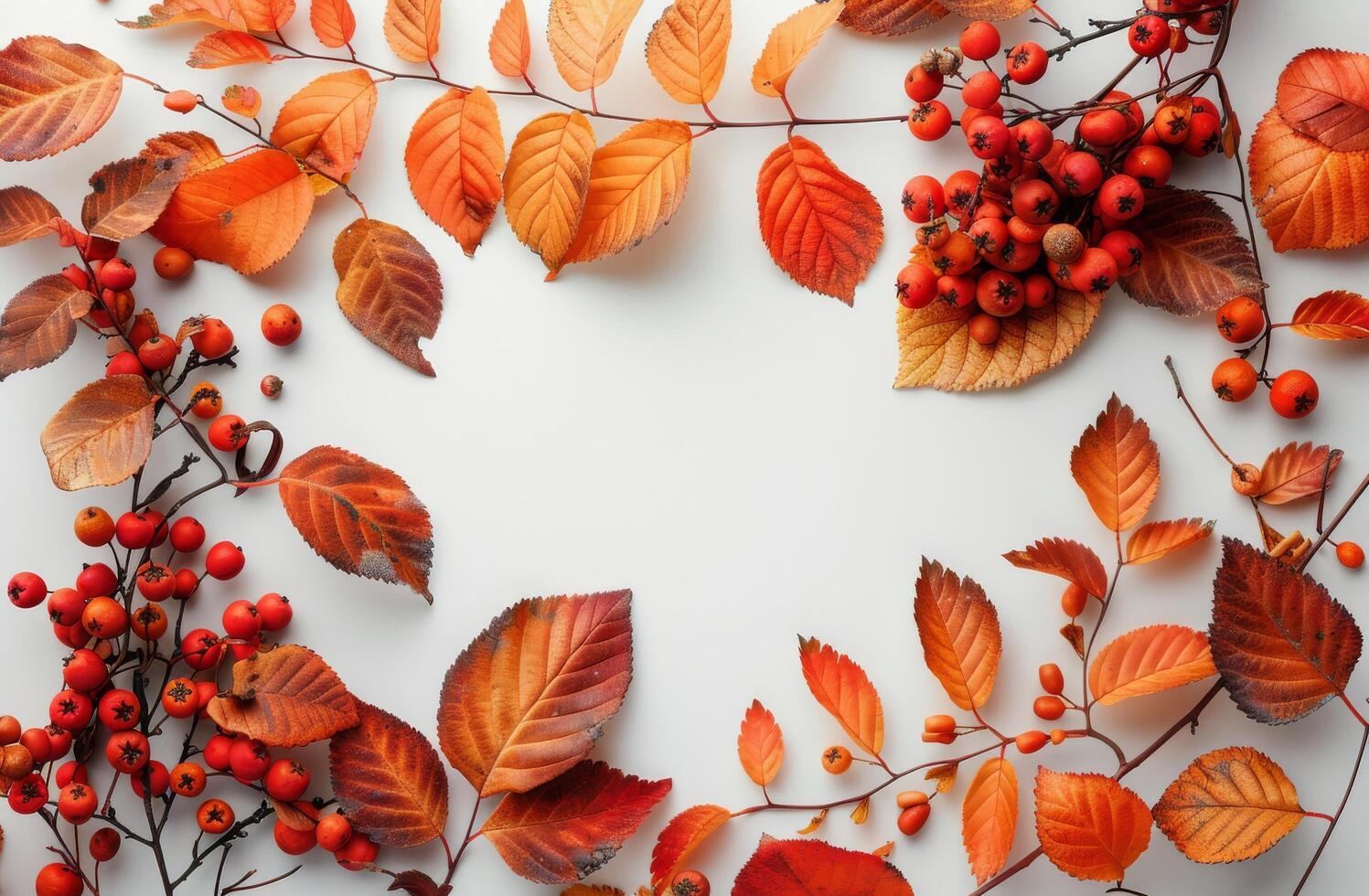 Autumn Leaves and Berries Frame on White Background photo