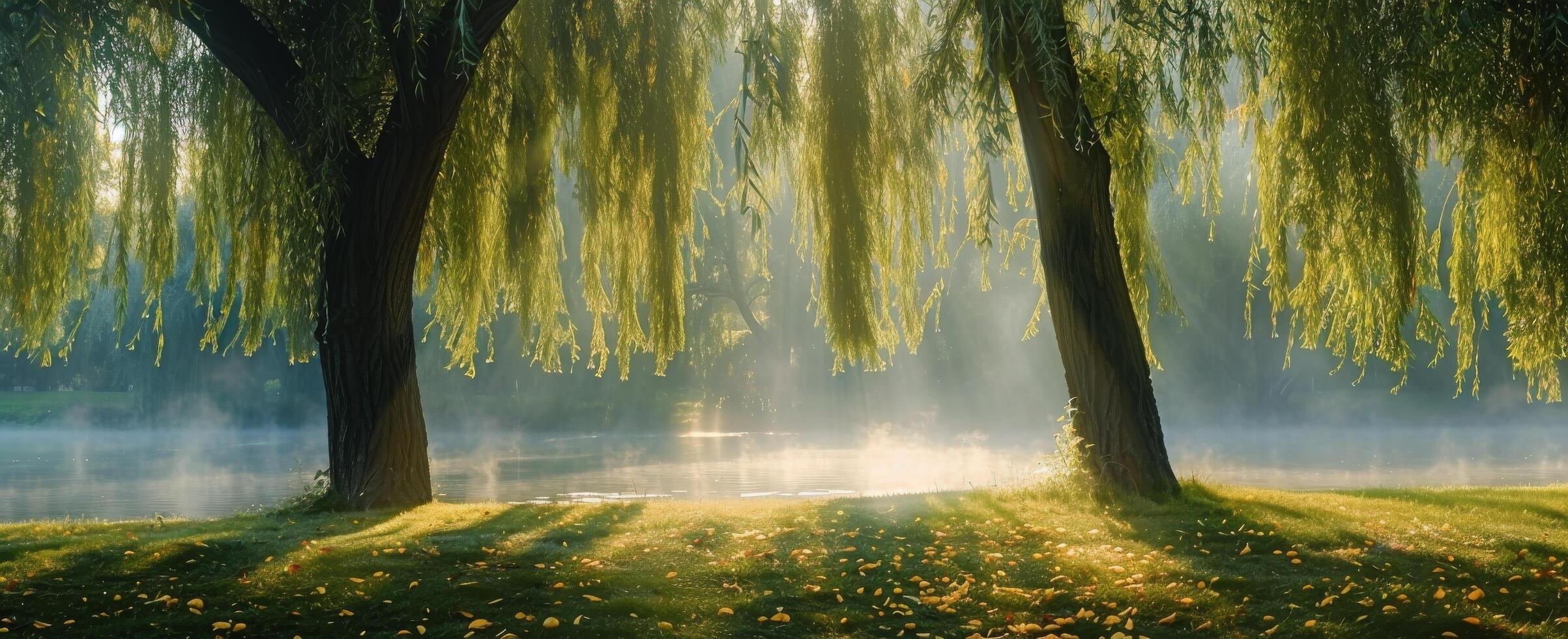 Tranquil Fall Morning by the River With Mist and Golden Trees photo