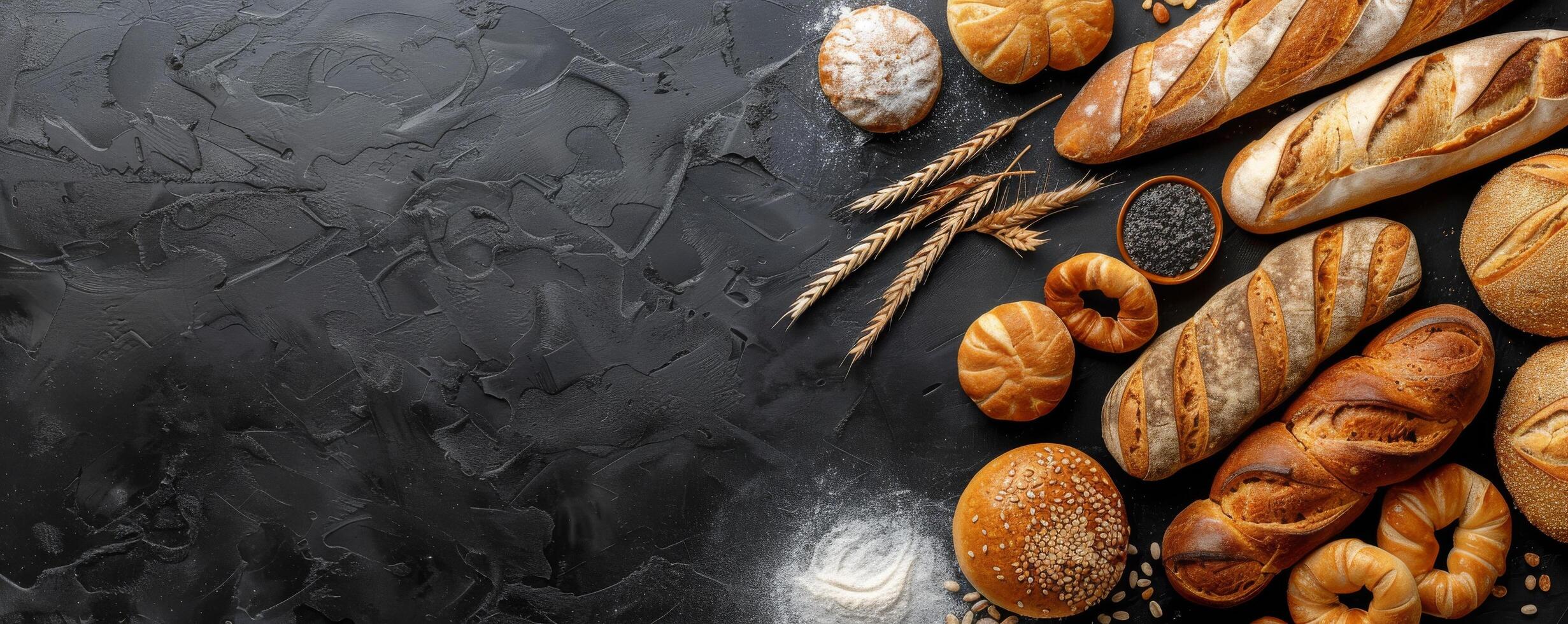 Freshly Baked Bread and Pastries Arranged on a Black Background photo