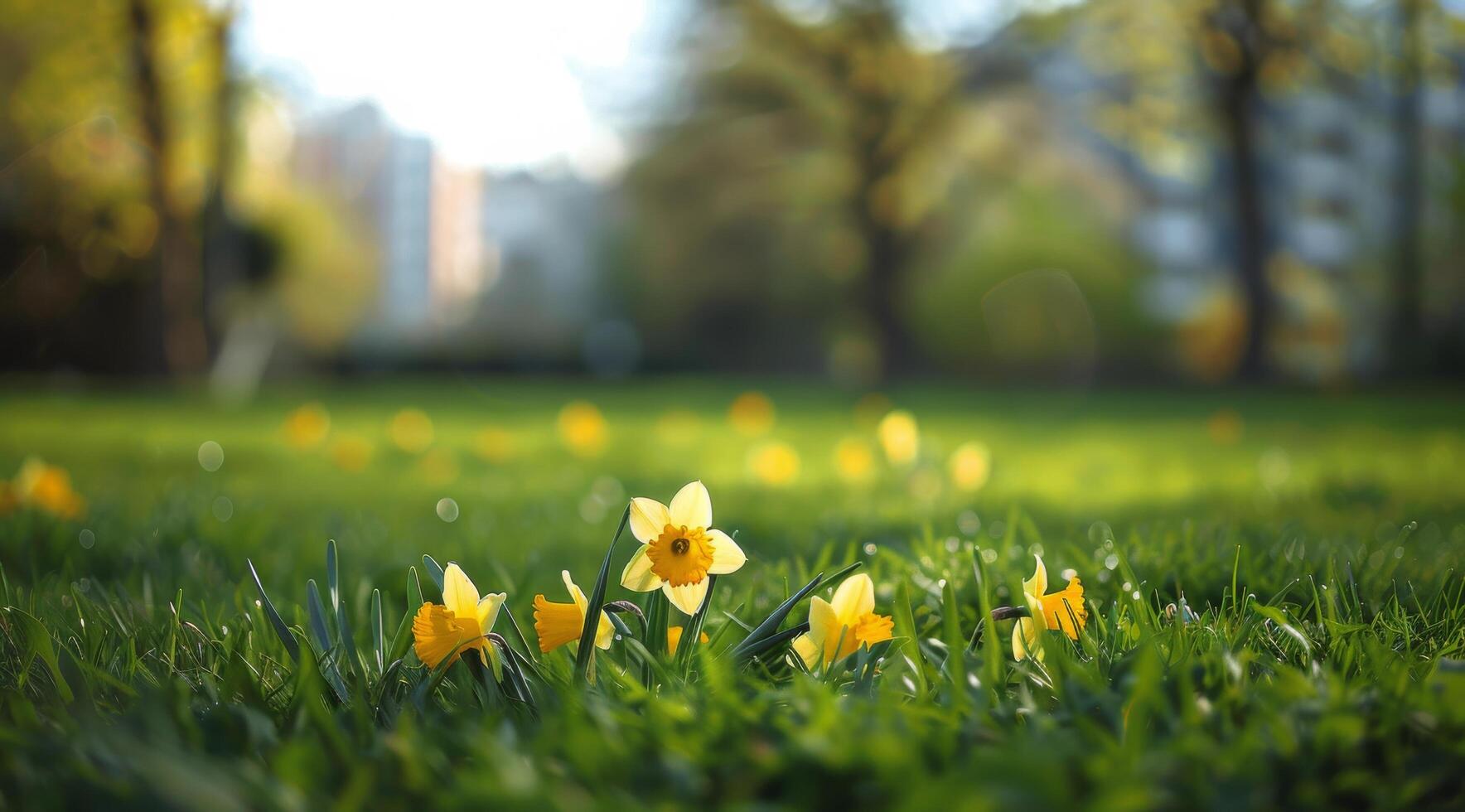 Yellow Daffodils Blooming in a Green Grassy Field During a Sunny Spring Day photo