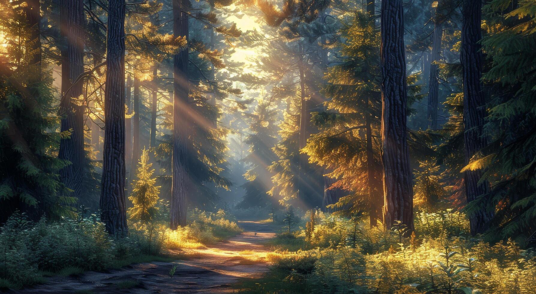 Sunlight Filtering Through Tall Trees in a Forest Path photo