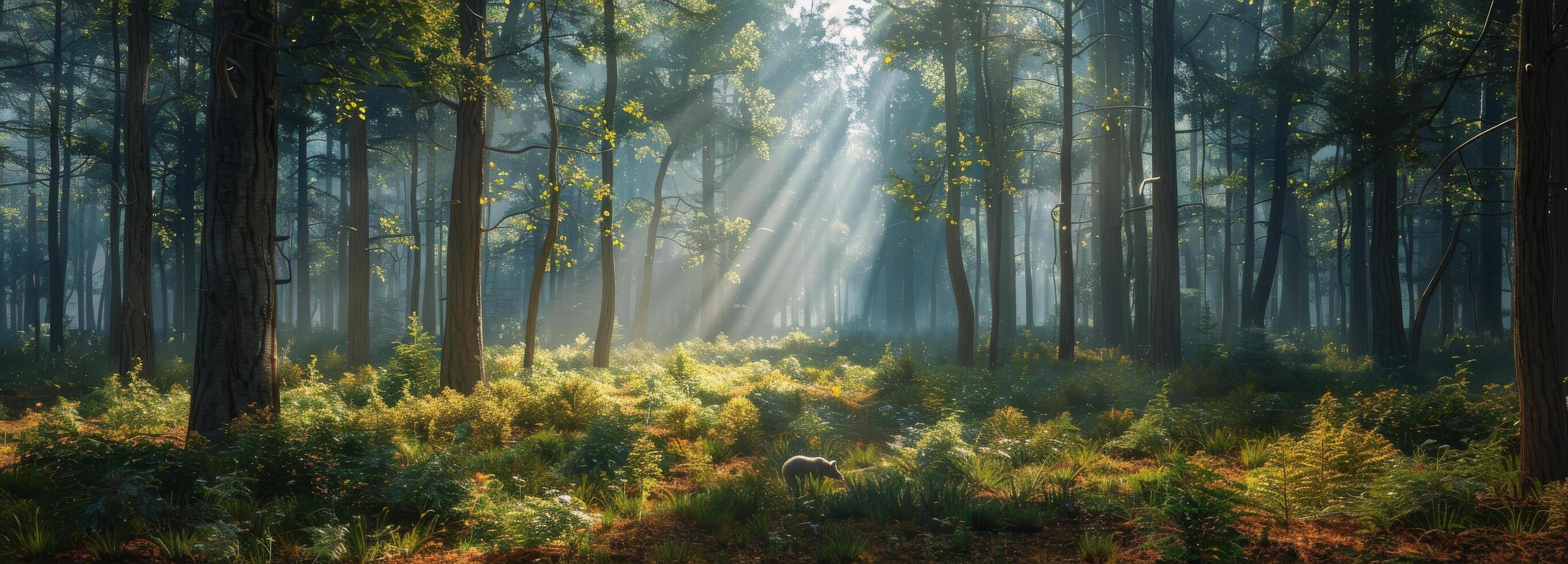 Sunbeams Illuminating a Foggy Forest Path photo