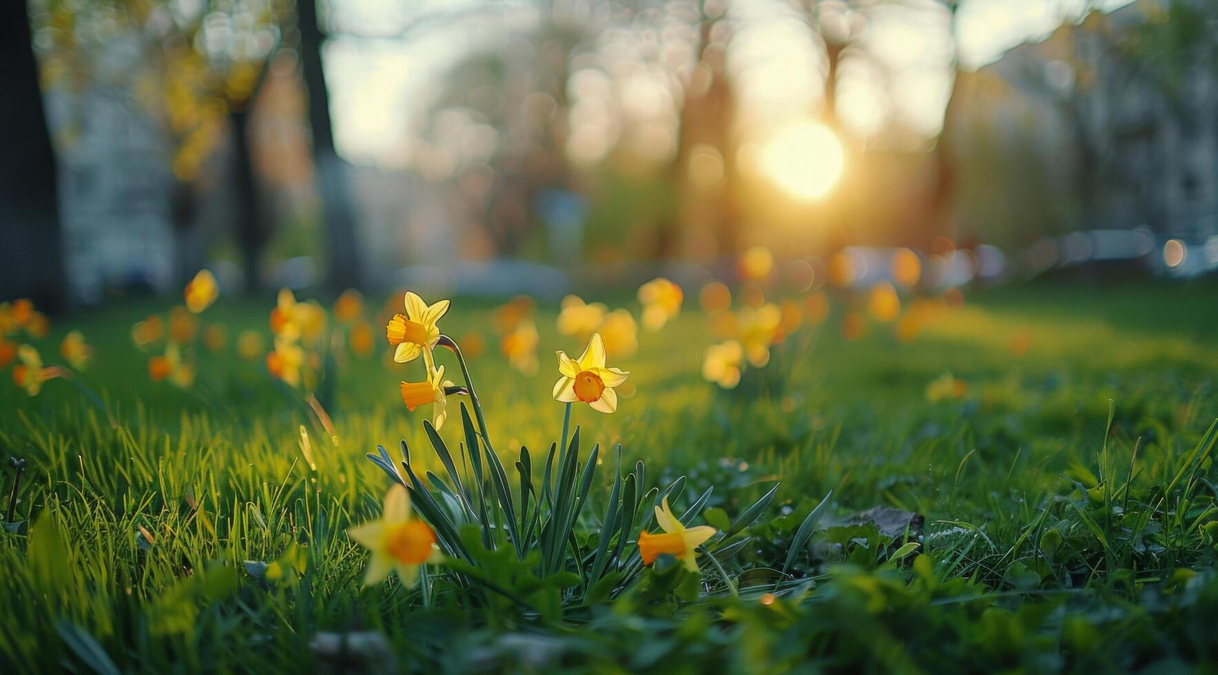 Yellow Daffodils Blooming in a Green Grassy Field During a Sunny Spring Day photo