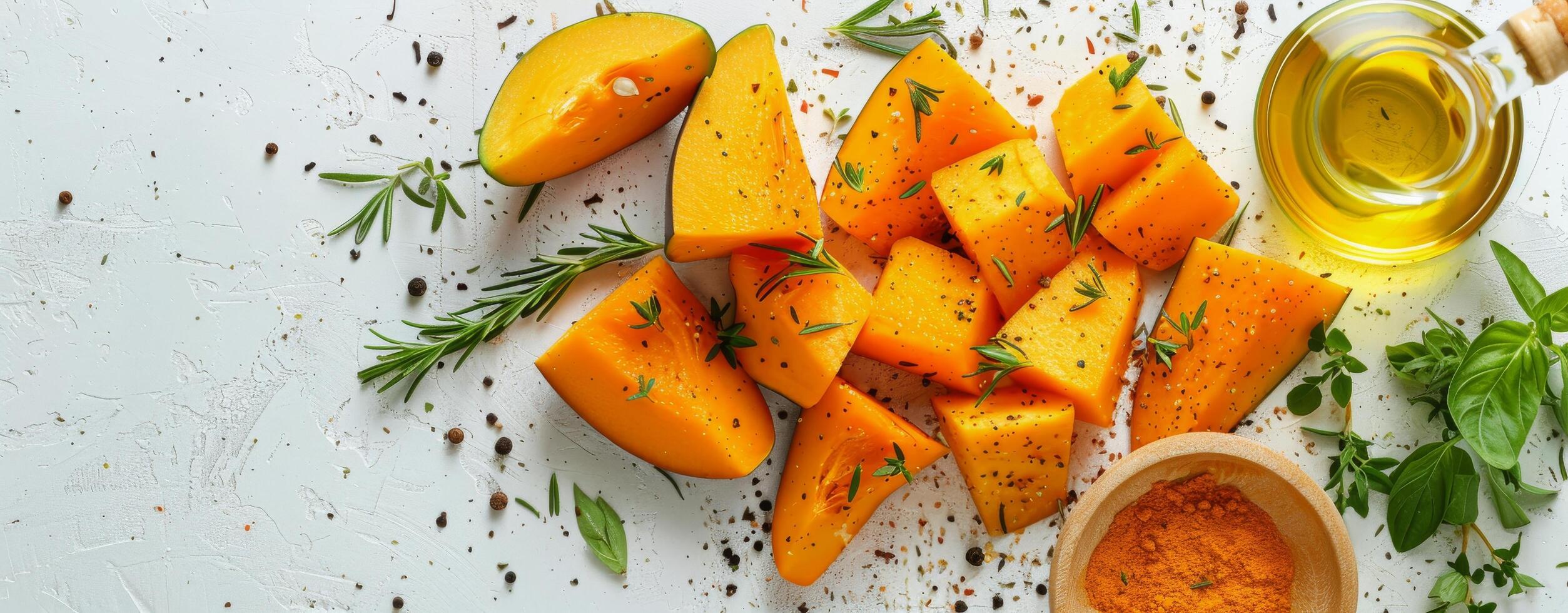 Sliced Butternut Squash With Spices and Olive Oil on a White Surface photo