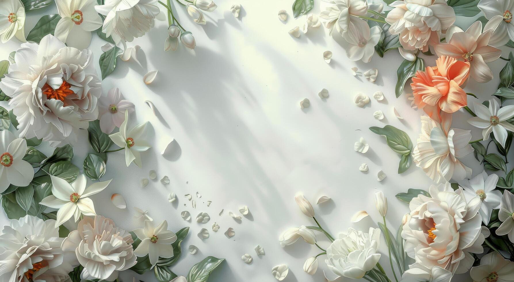 White and Pink Flowers and Green Leaves Bordering a White Background photo