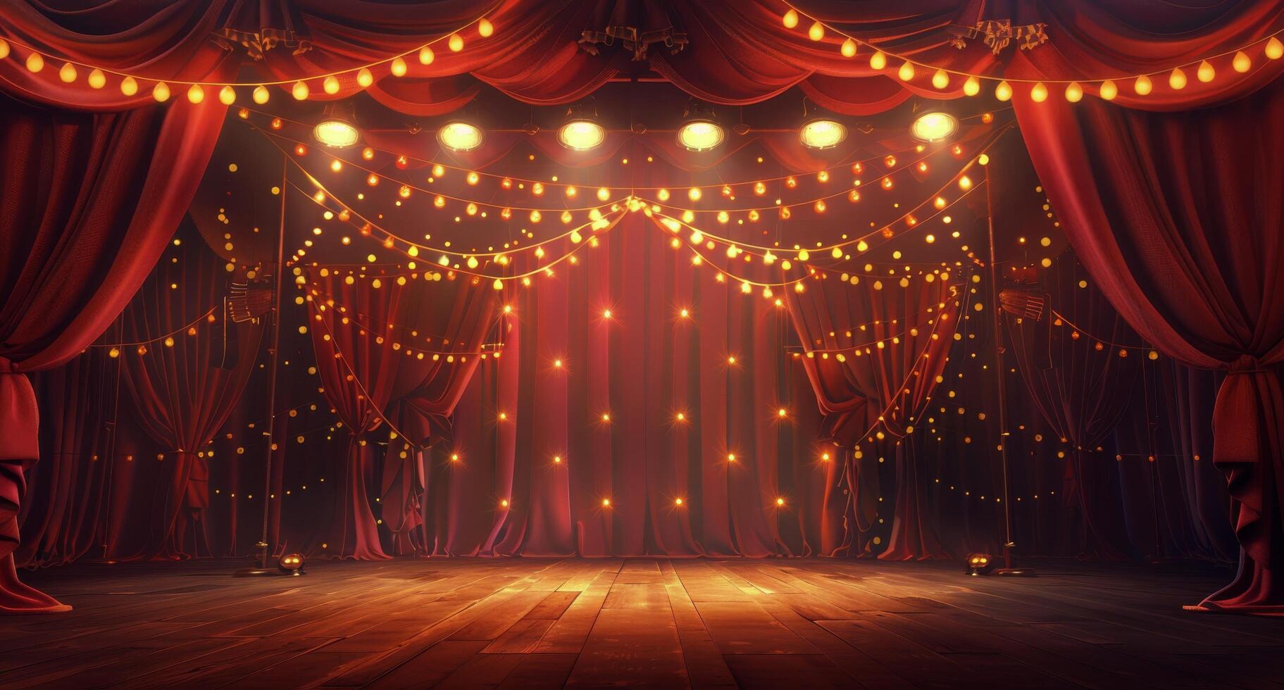 Red Stage Curtains With String Lights and Wooden Floor photo