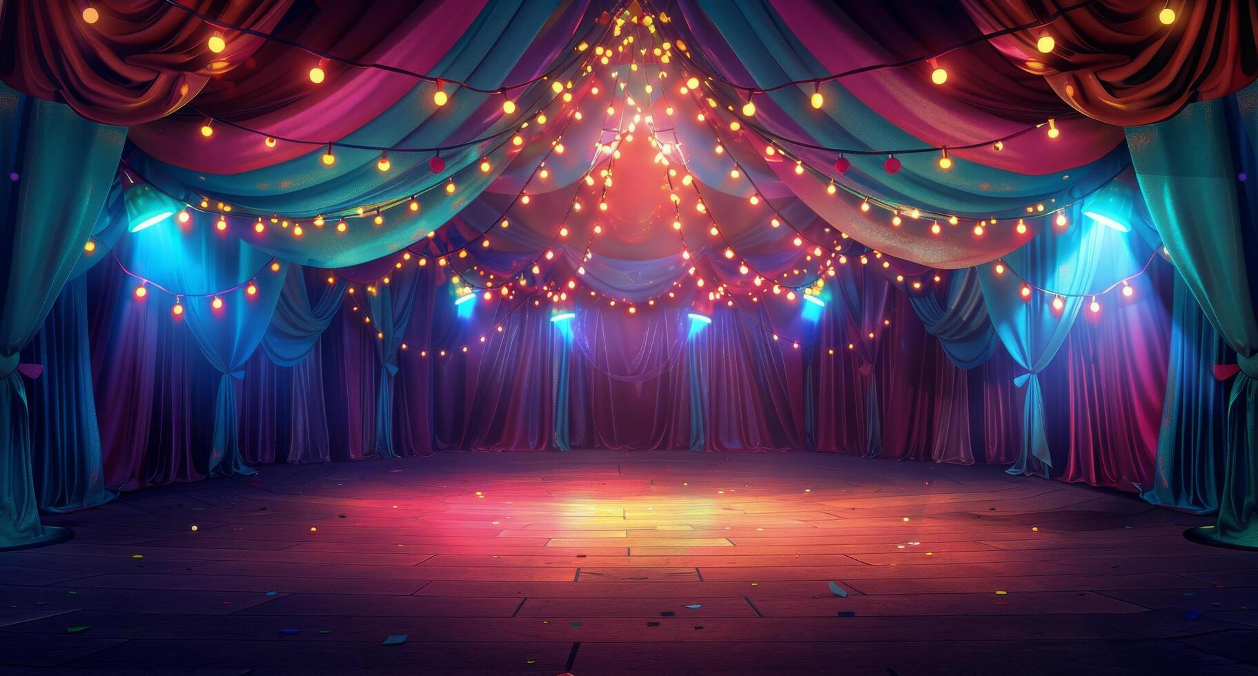 Red Stage Curtains With String Lights and Wooden Floor photo
