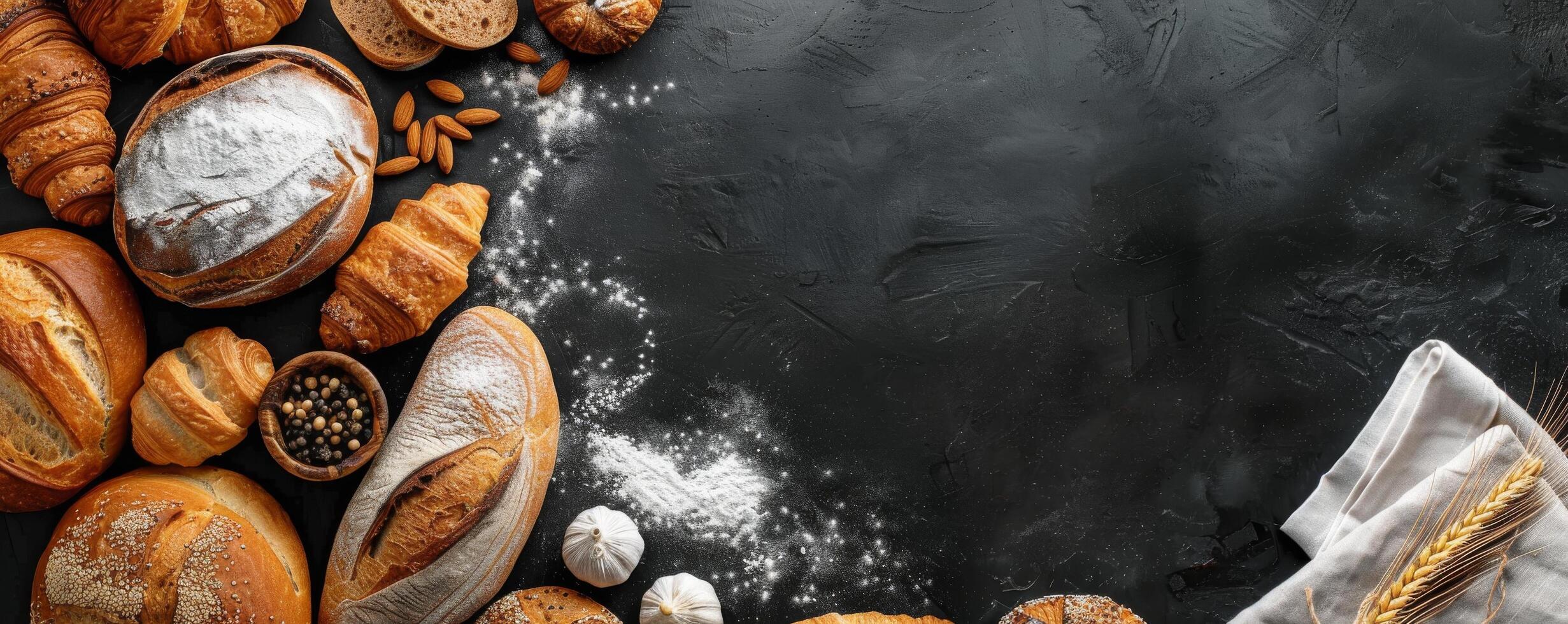 Freshly Baked Bread And Pastry Assortment On Black Background photo