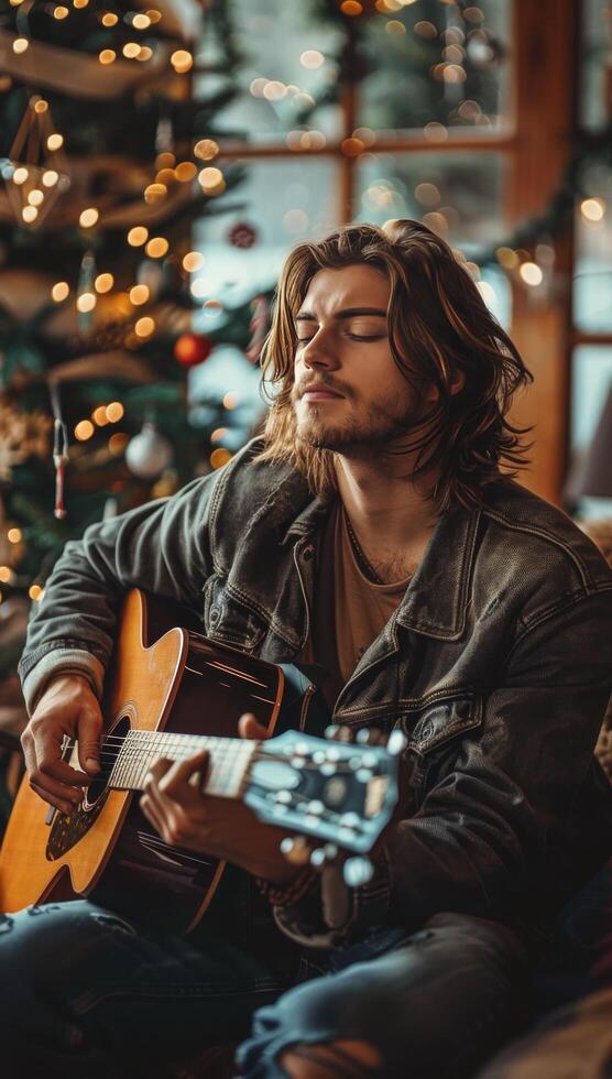 Man Playing Acoustic Guitar by Christmas Tree With Warm Lights photo