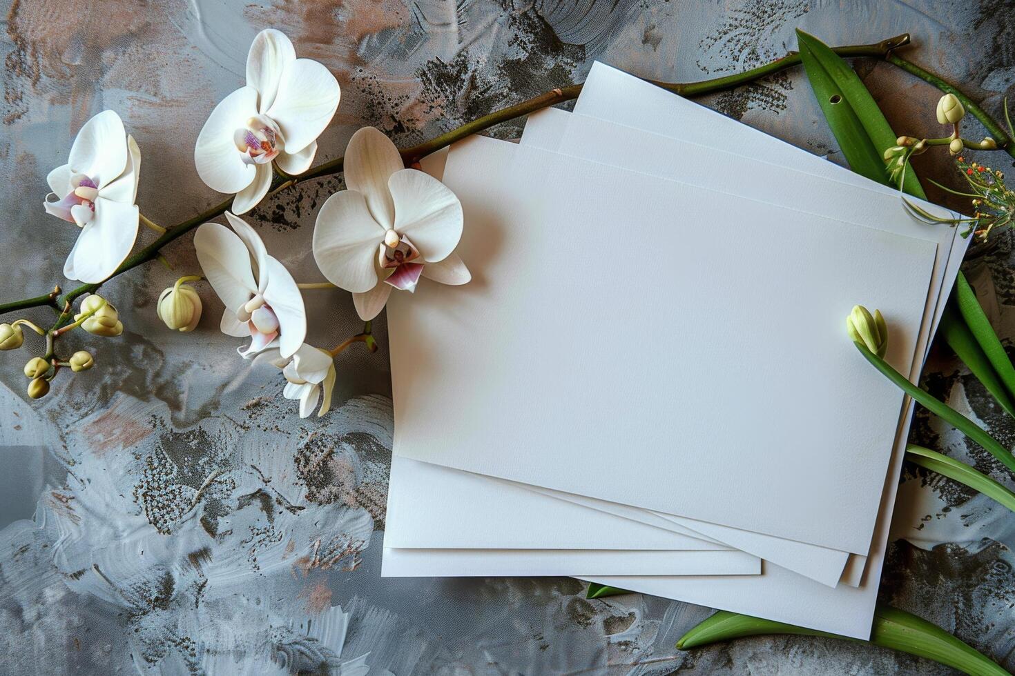 White Orchid Flowers and Blank Card on Grey Background photo