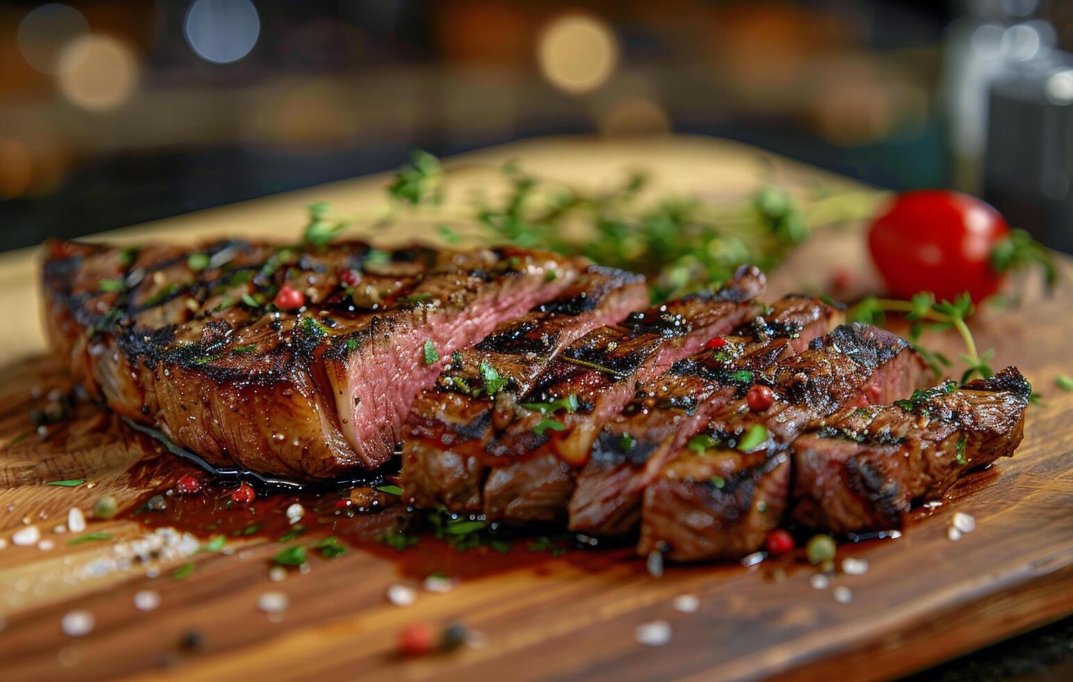 Closeup of Seared and Sliced Steak With Rosemary and Peppercorns photo
