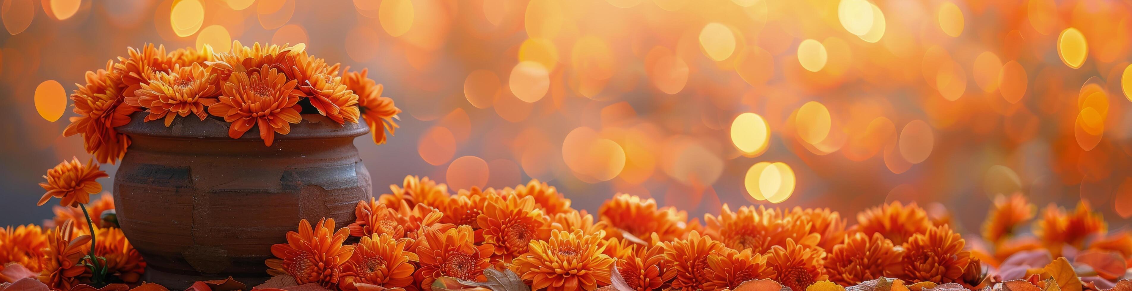 Orange Chrysanthemum Flowers in a Terracotta Pot on a Sunny Day photo