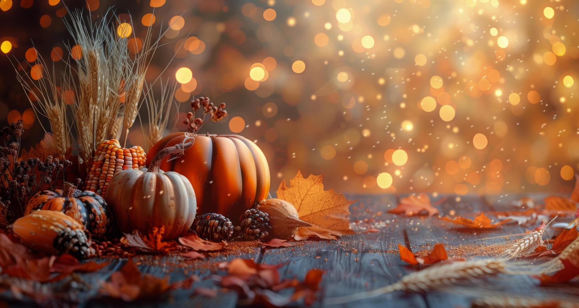 Autumnal Still Life With Pumpkins, Wheat, and Leaves on Wooden Table photo