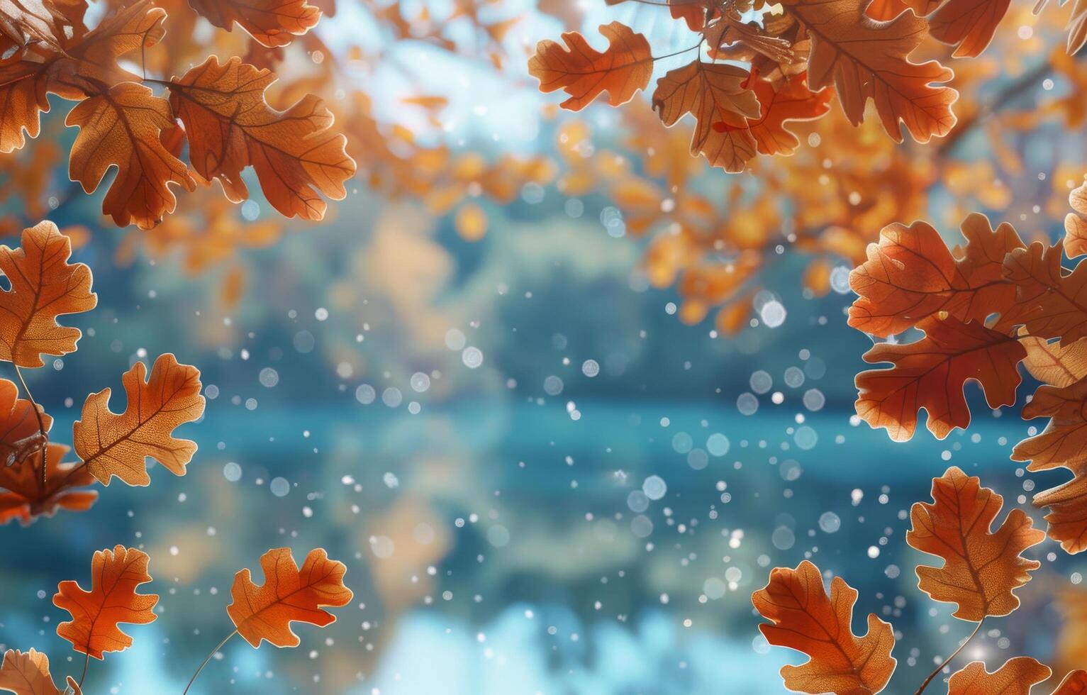 Autumn Leaves Falling on a Calm River in the Sunlight photo