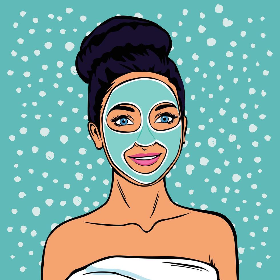 Pop art girl with skin face mask with blue background or ladies salon pop art illustration vector