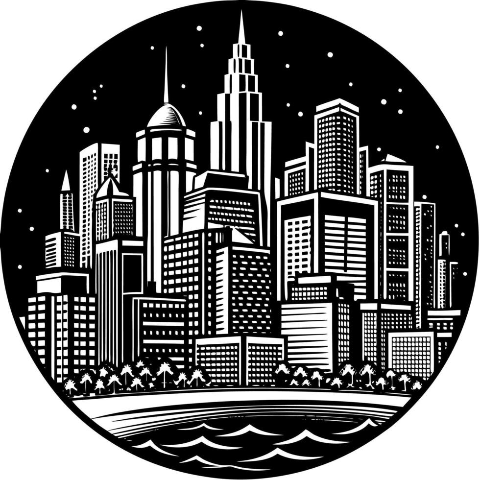 a black and white illustration of a city skyline vector