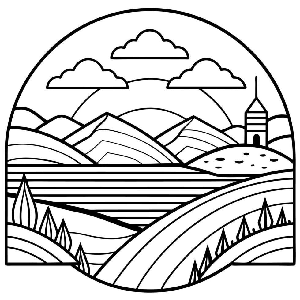 a black and white drawing of a landscape with mountains and trees vector