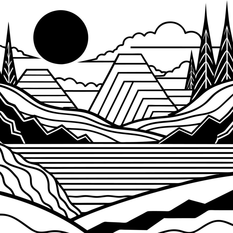 a black and white drawing of a mountain range vector