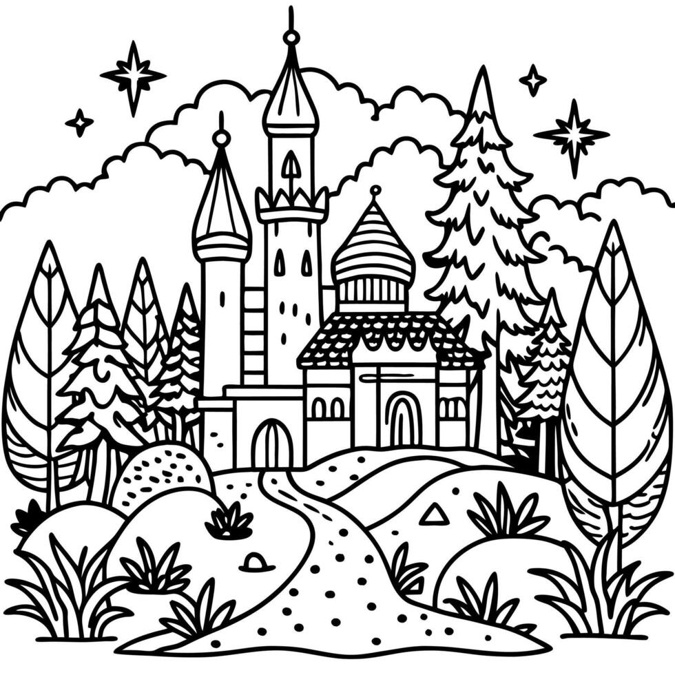 a castle in the forest coloring page vector