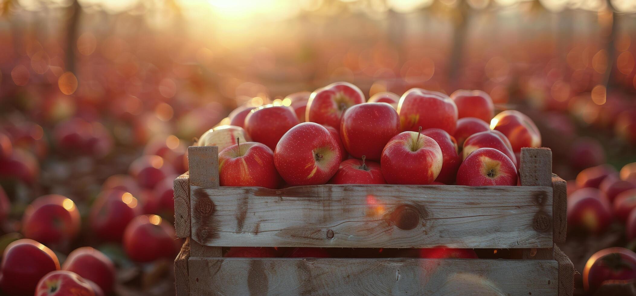 Freshly Picked Red Apples in a Wooden Crate at Sunset in an Orchard photo