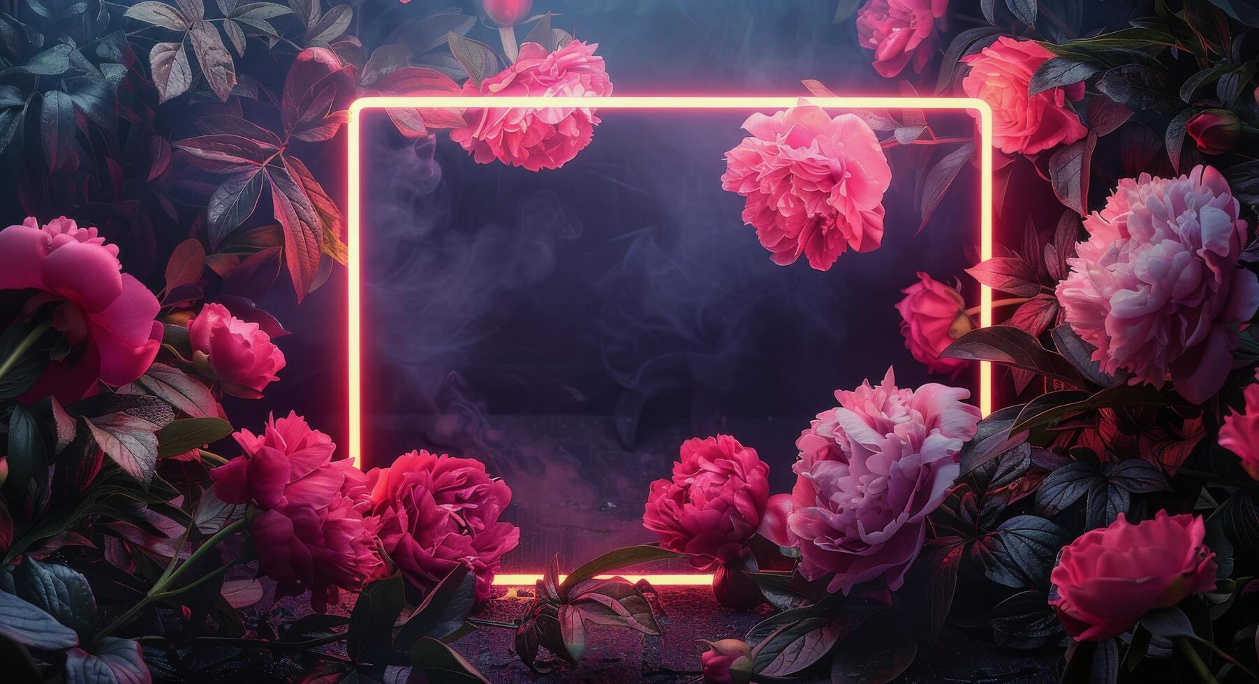 Pink Peonies Blooming Around a Neon Light Frame in a Dark Garden photo