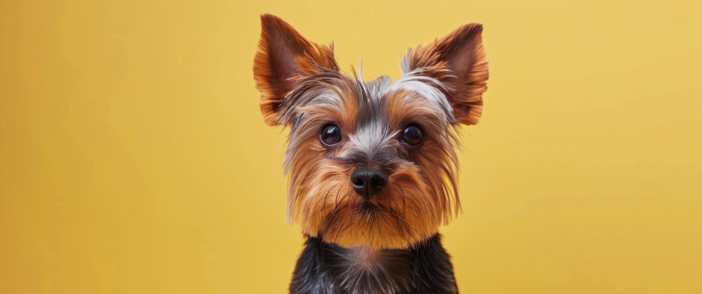 Yorkshire Terrier Dog Looking At Camera On Yellow Background photo