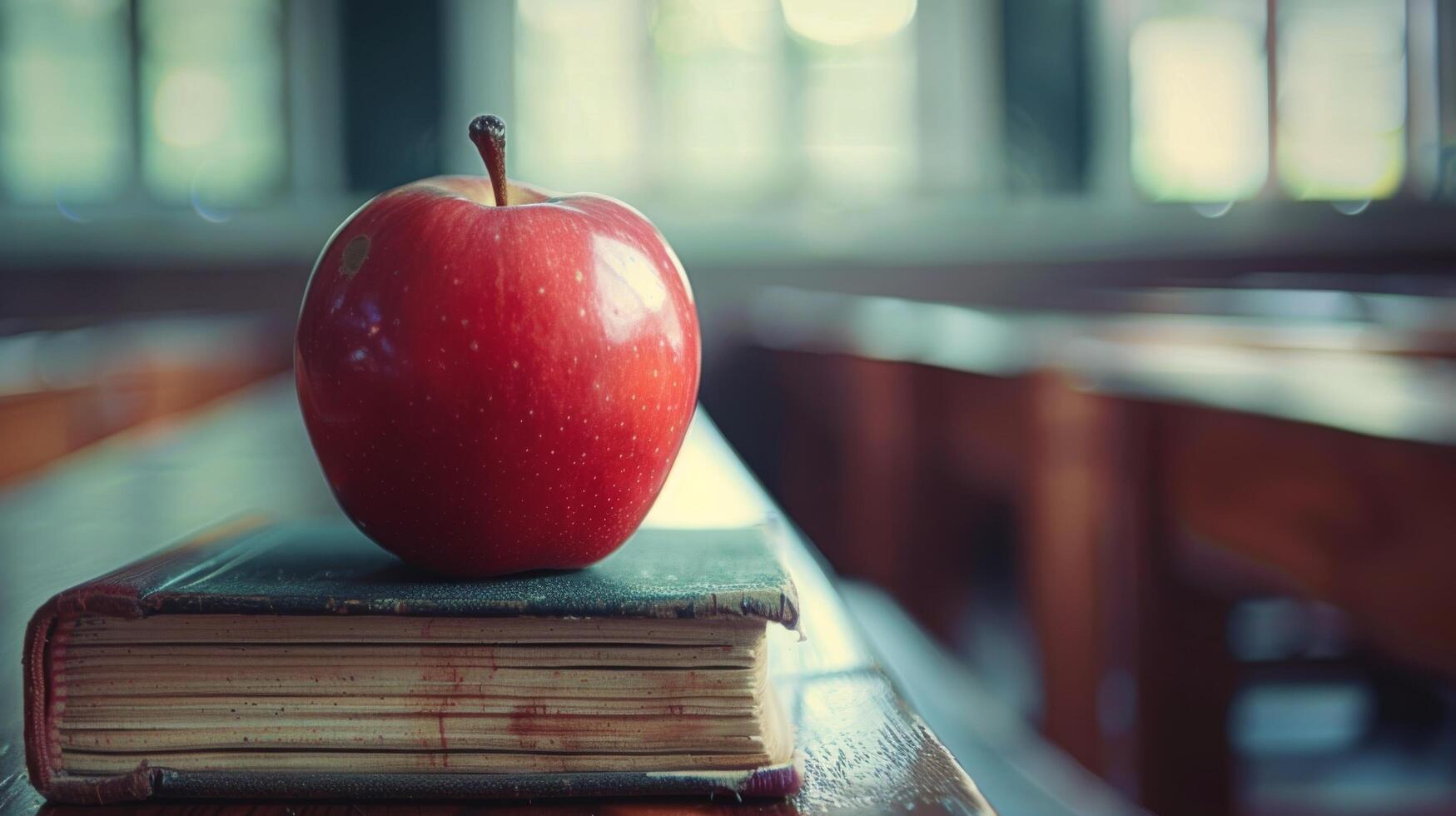 A Red Apple Resting on a Textbook in a Classroom photo
