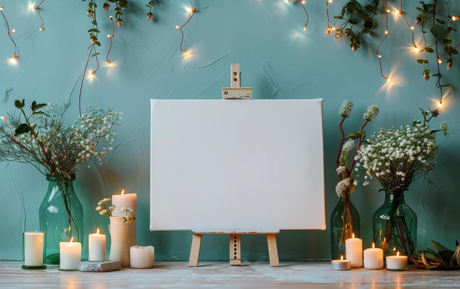 Blank Canvas on Easel With Flowers and Candles in a Rustic Setting photo