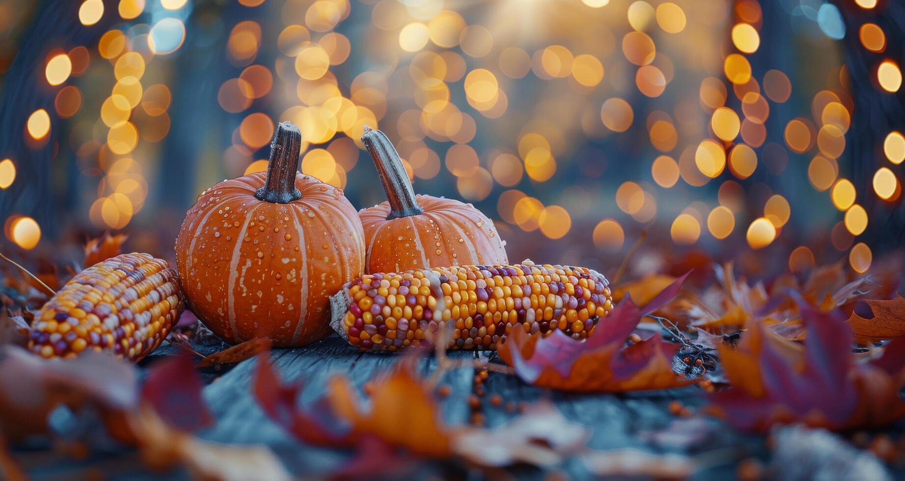 Pumpkins and Corn on a Wooden Table With Fall Foliage and Bokeh Lights photo
