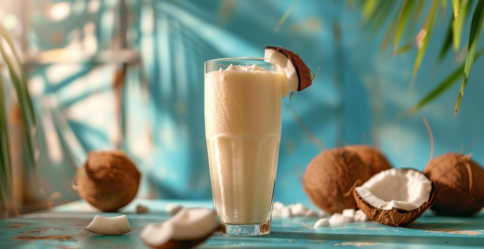 Creamy Coconut Drink With Tropical Palm Leaves on a Blue Background photo
