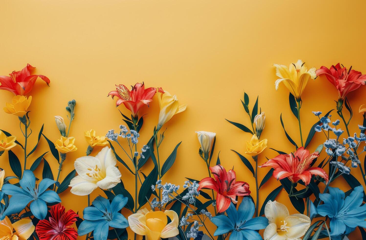 Colorful Flowers Arranged on a Yellow Background photo