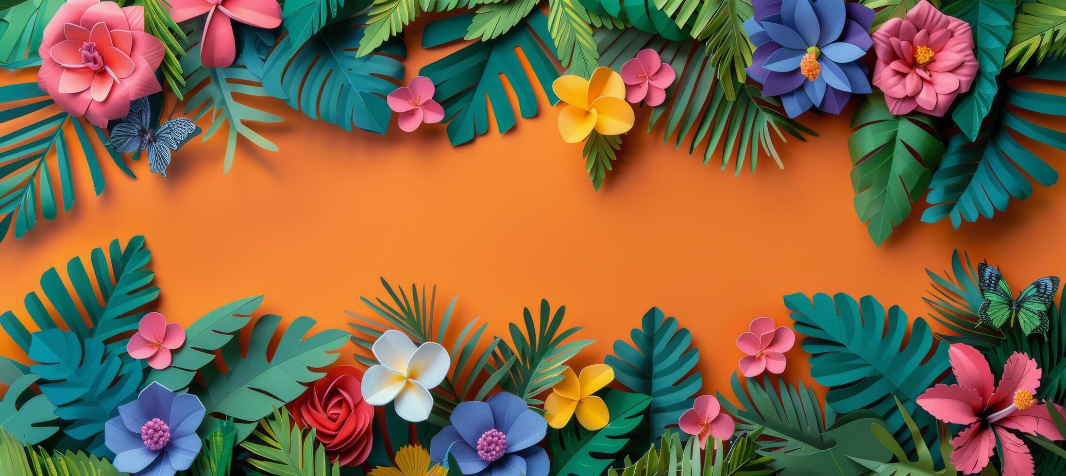 Colorful Paper Flowers and Leaves on an Orange Background photo