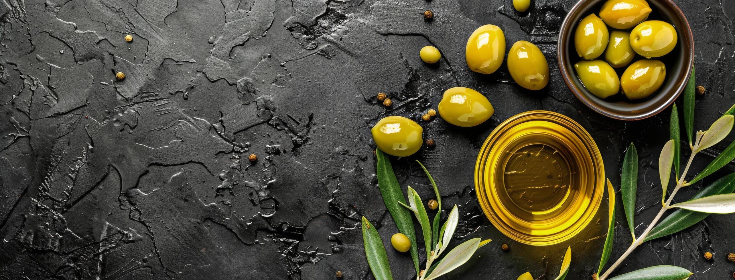 Green Olives and Olive Oil on a Black Background photo
