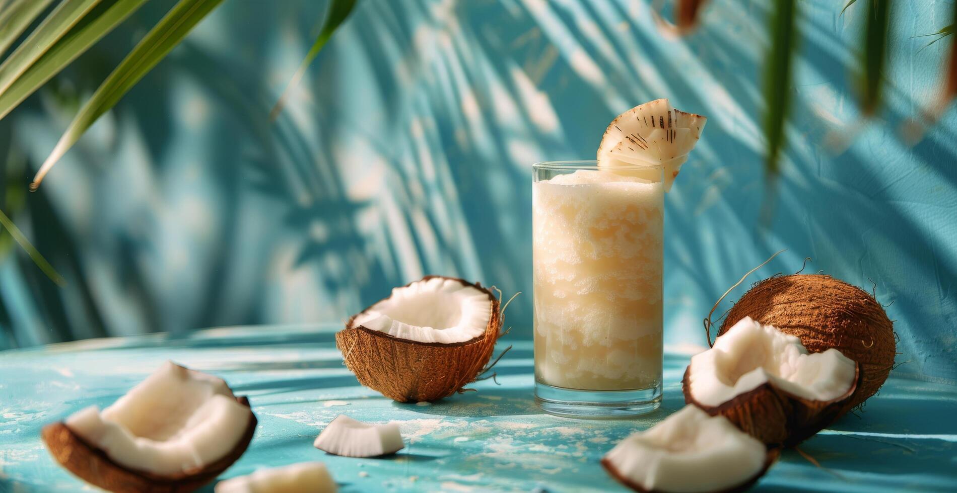 Creamy Coconut Drink With Tropical Palm Leaves on a Blue Background photo