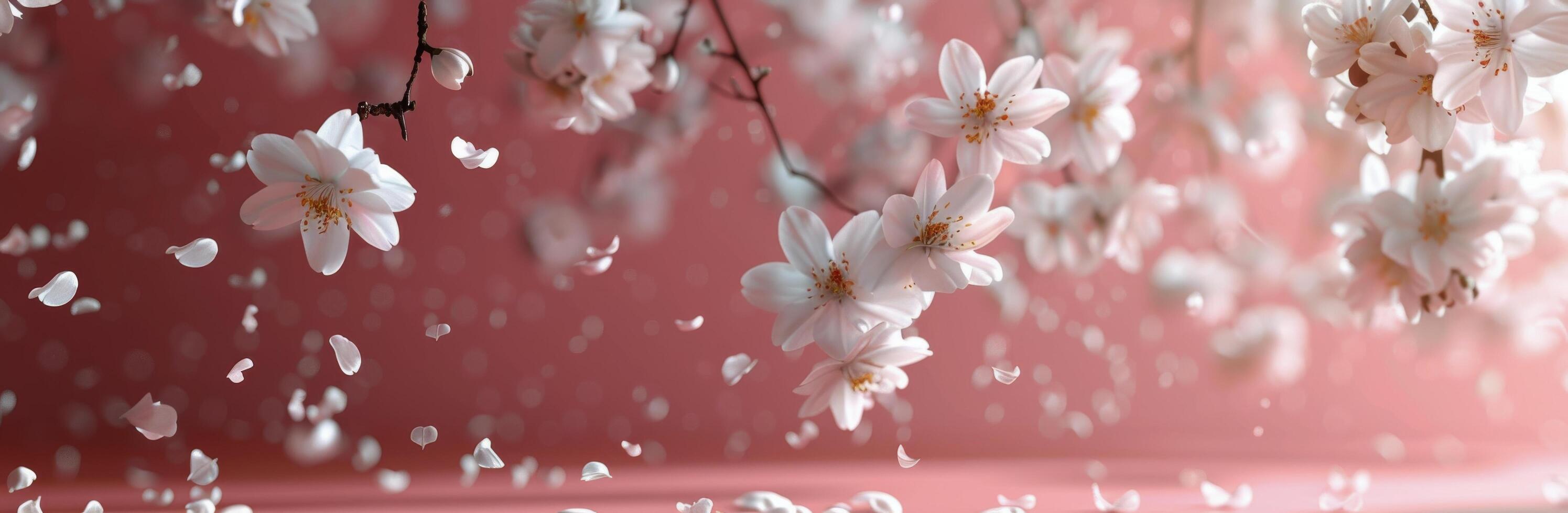 White Cherry Blossoms Falling on Pink Background photo