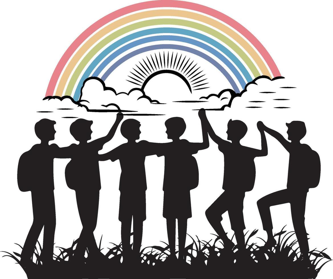 silhouettes of four boys standing in front of a rainbow vector