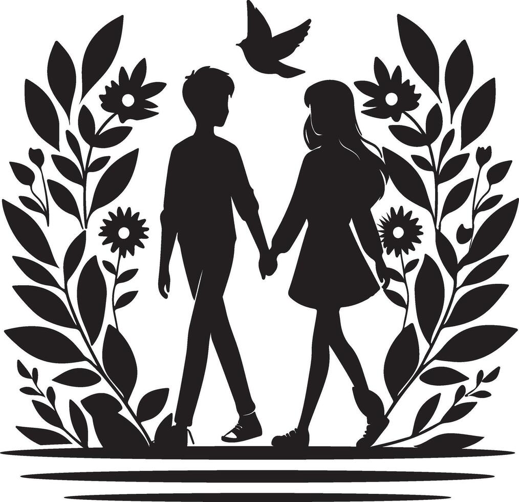 silhouette of a couple walking hand in hand with a bird in the background vector
