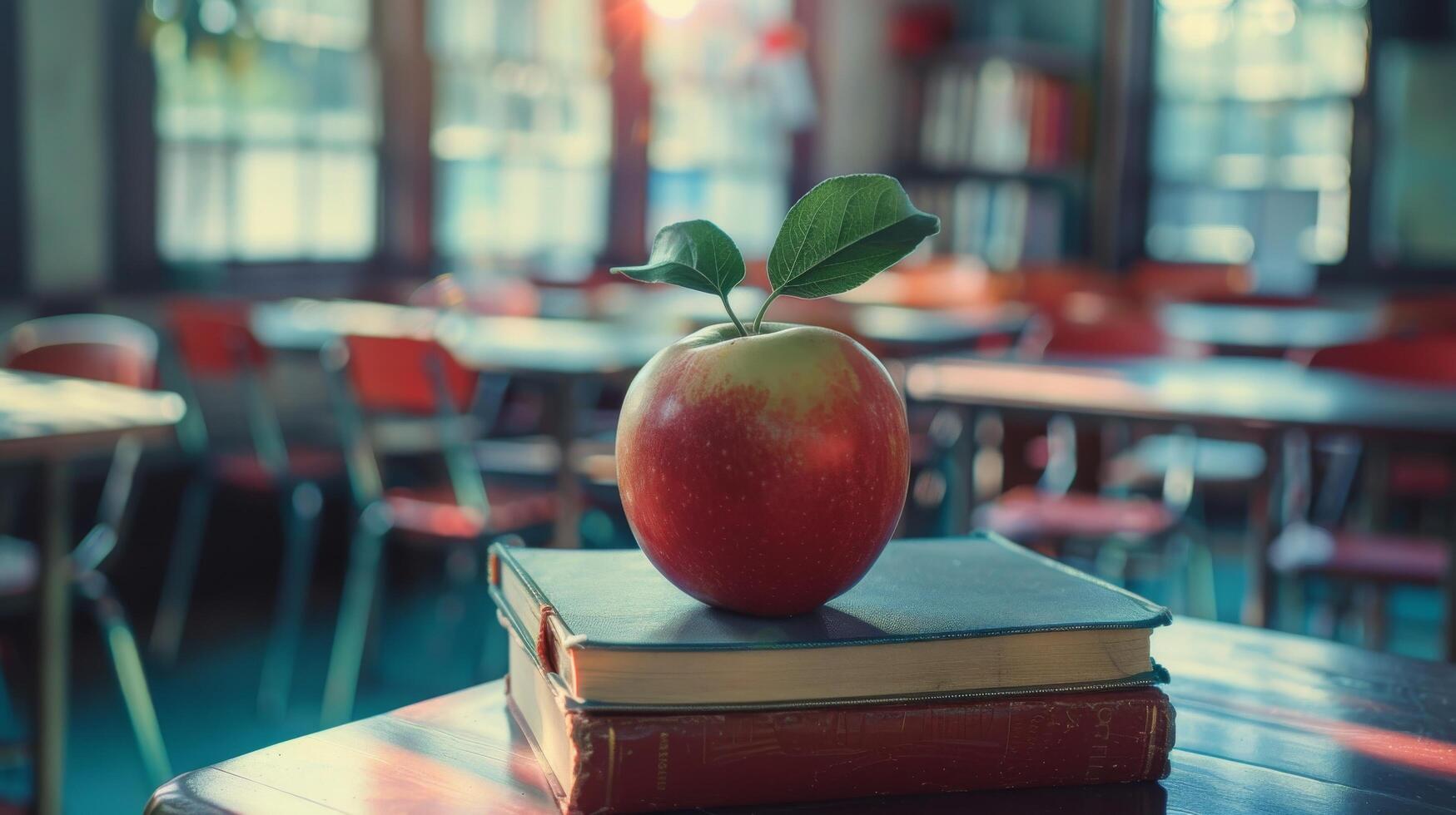 Red Apple on Top of Books in Empty Classroom photo