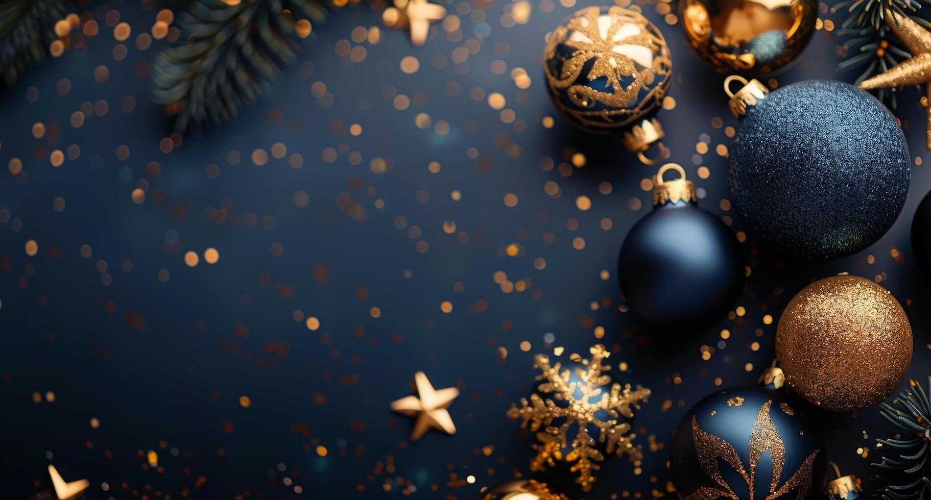 Blue and Gold Christmas Ornaments With Pine Sprigs on Dark Blue Background photo
