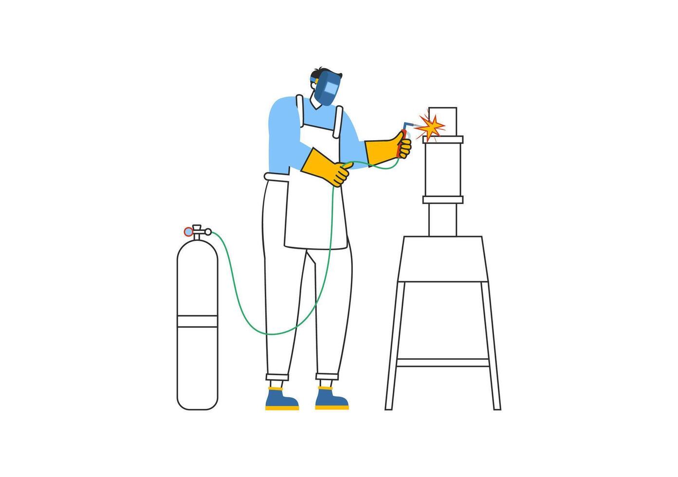 Welding Service Illustration featuring a Professional Welder Working on Metal Structures, Pipes, and Steel Constructions in a Flat Background vector