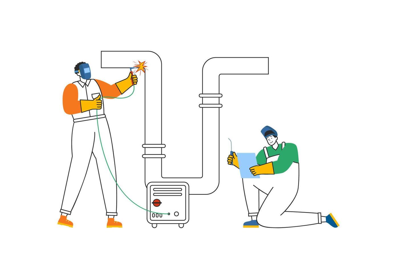 Welding Service Illustration featuring a Professional Welder Working on Metal Structures, Pipes, and Steel Constructions in a Flat Background vector