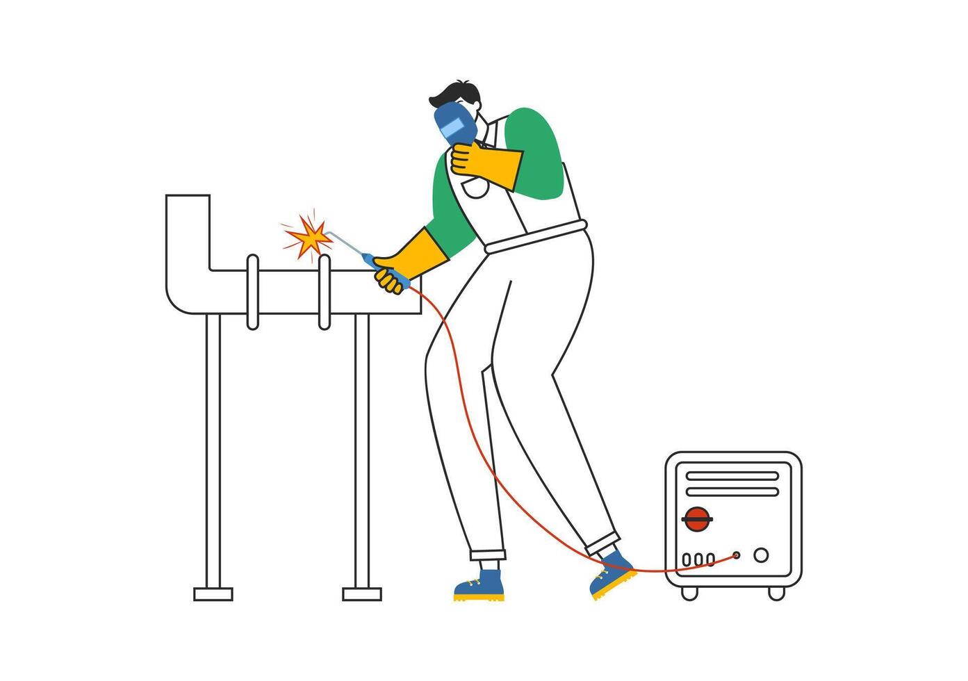 Welding Service Illustration featuring a Professional Welder Working on Metal Structures, Pipes, and Steel Constructions in a Flat Background vector
