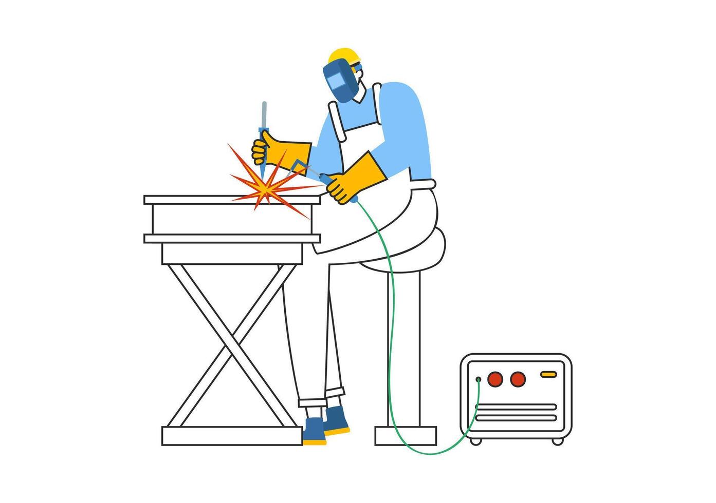 Welding Service Illustration featuring a Professional Welder Working on Metal Structures, Pipes, and Steel Constructions in a Flat Background vector
