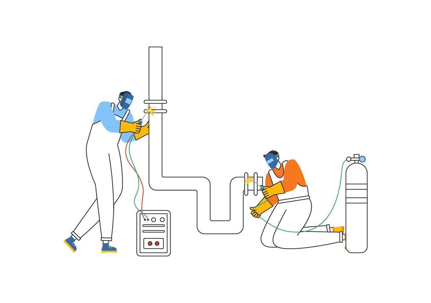 Welding Service Illustration featuring a Professional Welder Working on Metal Structures, Pipes, and Steel Constructions in a Flat Background vector