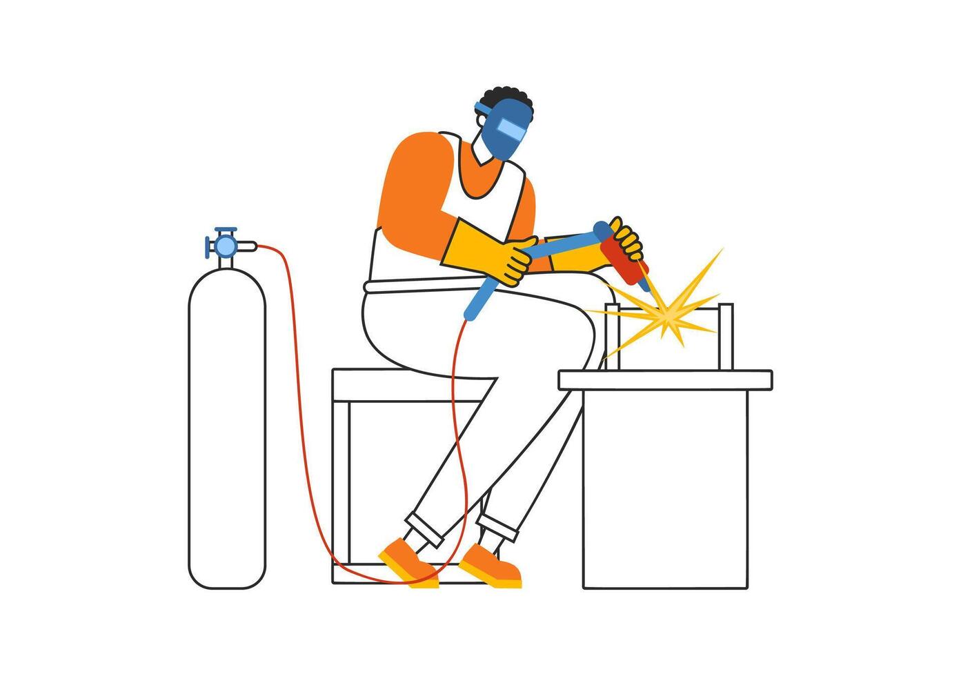 Welding Service Illustration featuring a Professional Welder Working on Metal Structures, Pipes, and Steel Constructions in a Flat Background vector